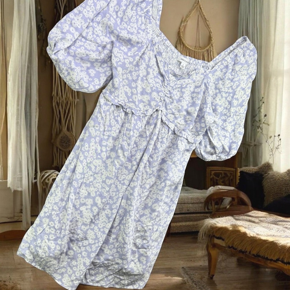 Stitch & Pine Dress Women L Purple Floral‎ Puff Sleeve Smocked Boho Cottagecore